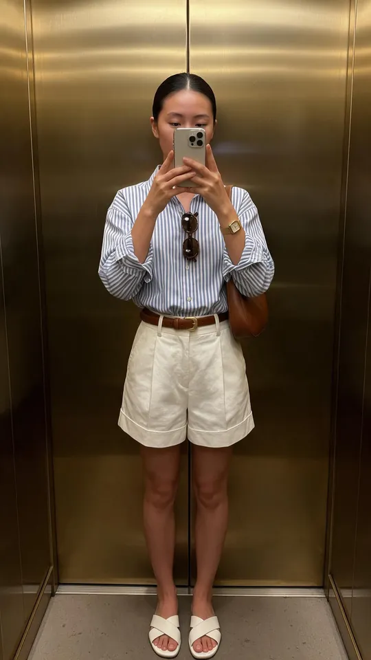 Old Money summer outfit: blue striped shirt, cream tailored shorts, leather belt and white sandals