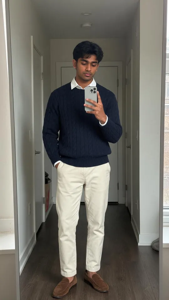 Old Money men's outfit: navy jumper over a white collar, cream chinos and suede loafers