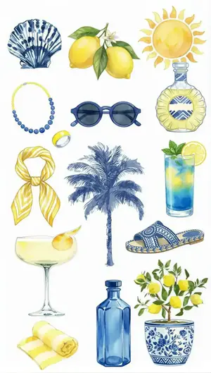 Riviera summer moodboard: shells, lemons, sunglasses, yellow scarf and blue-and-white ceramics