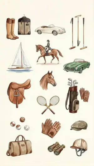 Equestrian moodboard: riding boots, saddle, polo mallets, tennis rackets and a sailboat