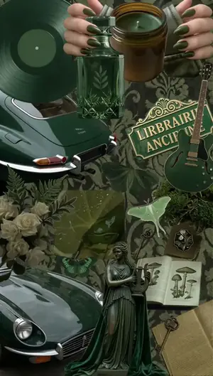 Dark academia moodboard: green vintage car, antique library sign, books and candlelight