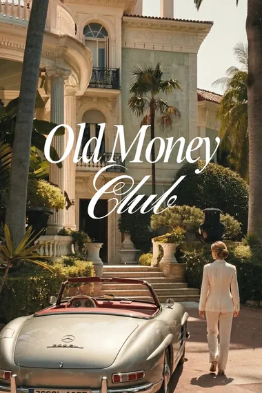 Old Money style world cover: vintage convertible outside a Mediterranean villa