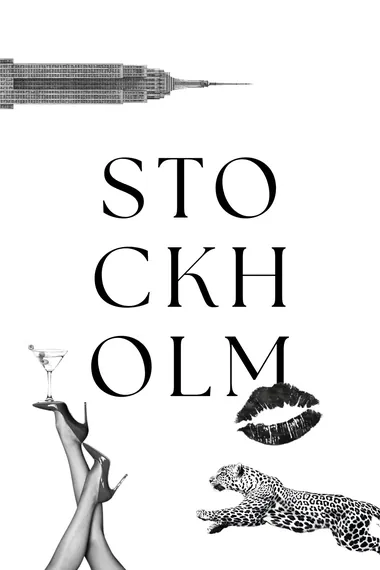 Stockholm style world cover: black-and-white collage with a skyline, leopard and martini