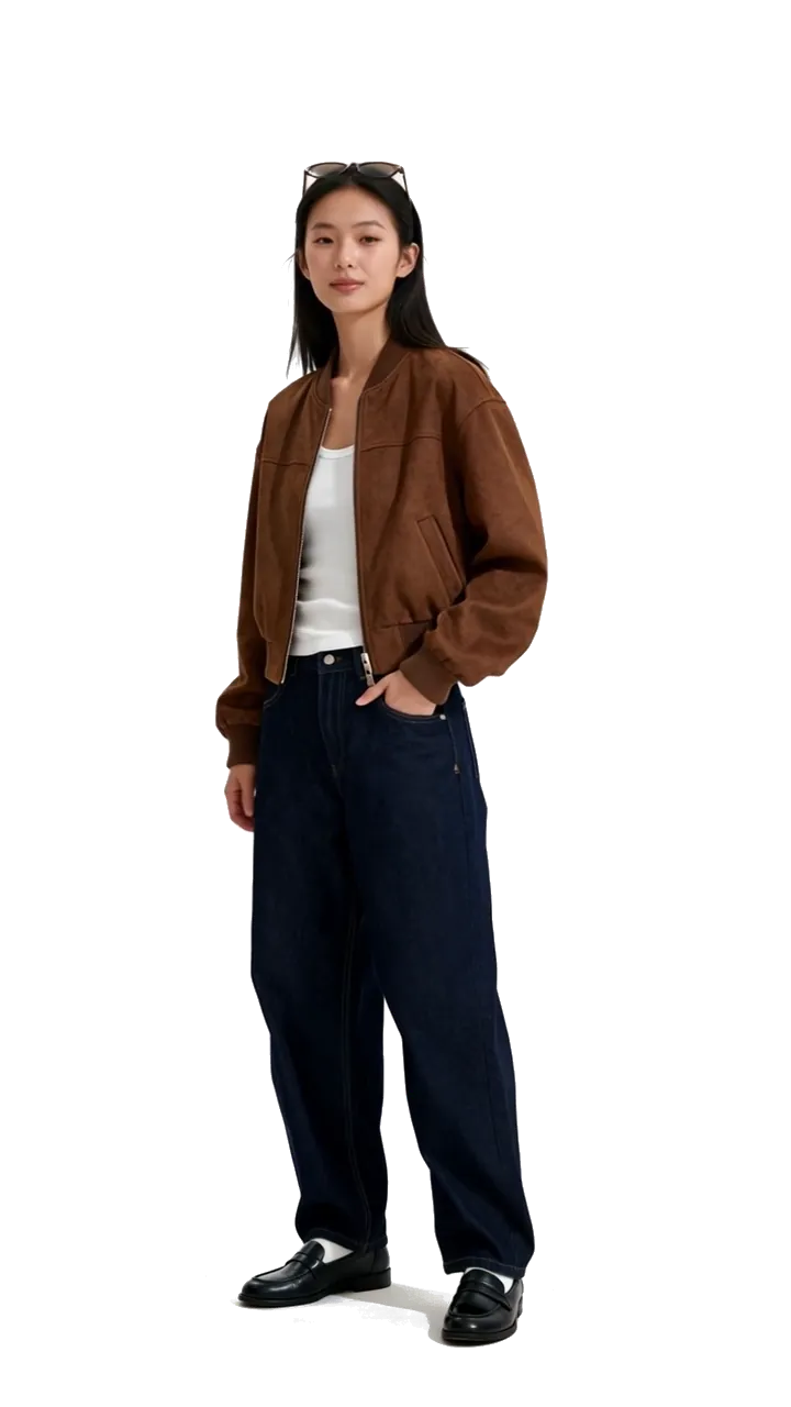 Vintage-inspired women's outfit: brown suede jacket, white tank top, navy wide-leg trousers and loafers