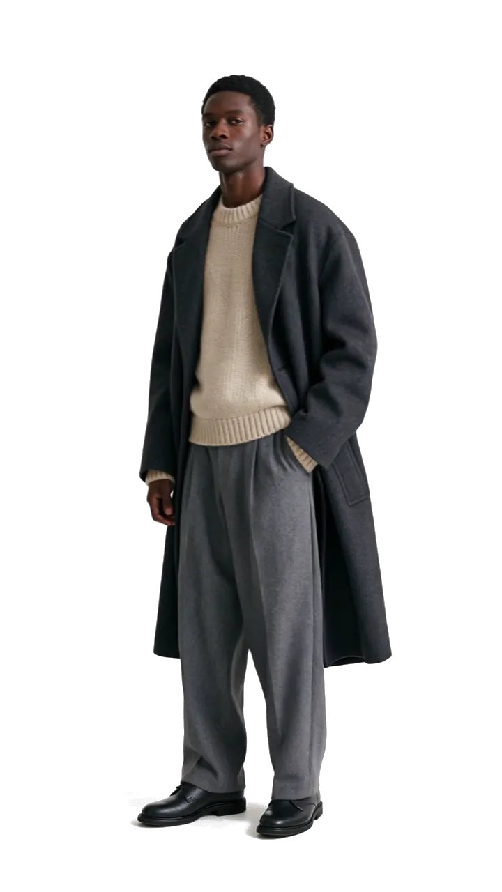 Stockholm style men's outfit: charcoal wool overcoat, oatmeal crewneck jumper, grey pleated trousers and black loafers