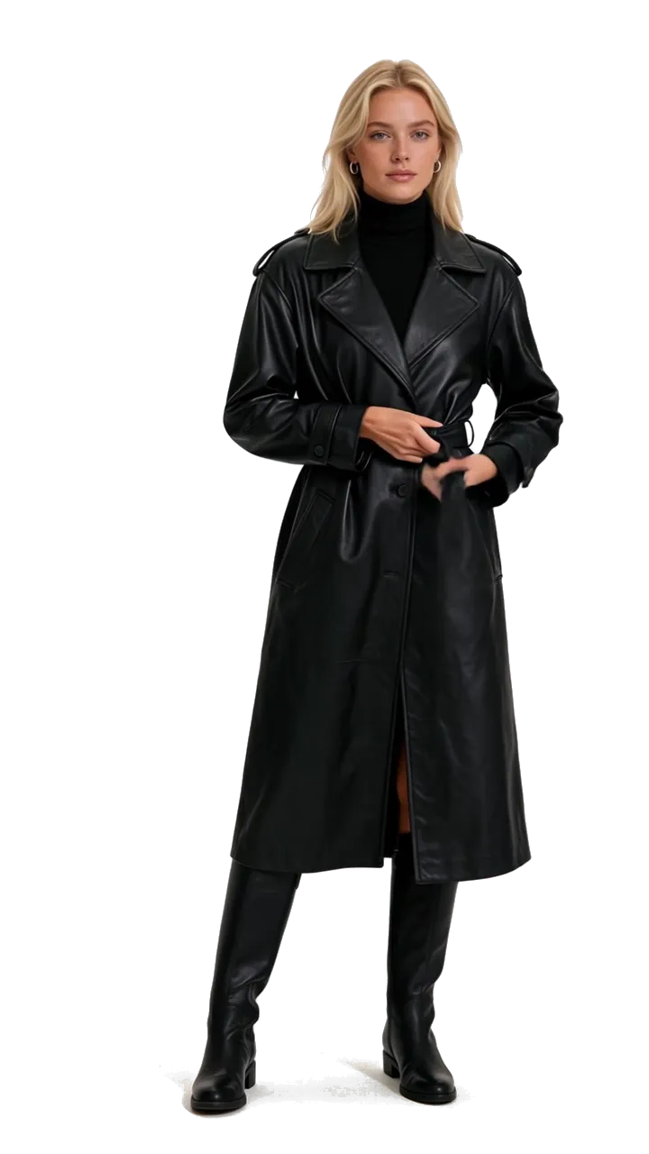 Dark aesthetic outfit: long black leather trench coat, black turtleneck and knee-high boots