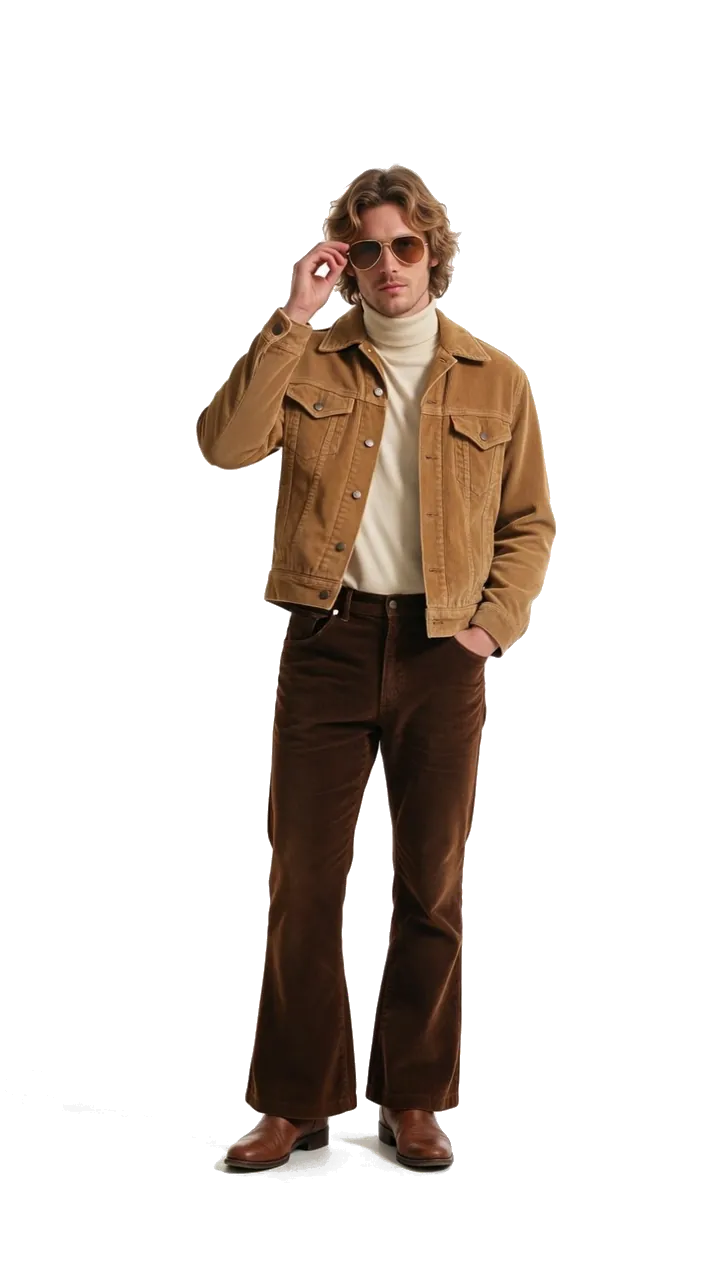 Vintage 70s outfit: tan suede jacket, cream turtleneck, brown flared trousers and aviator sunglasses