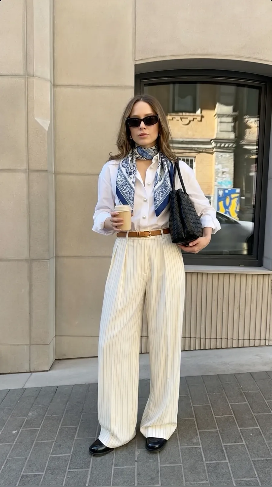 After: the same woman restyled in a silk scarf, white shirt, cream pinstripe trousers and loafers