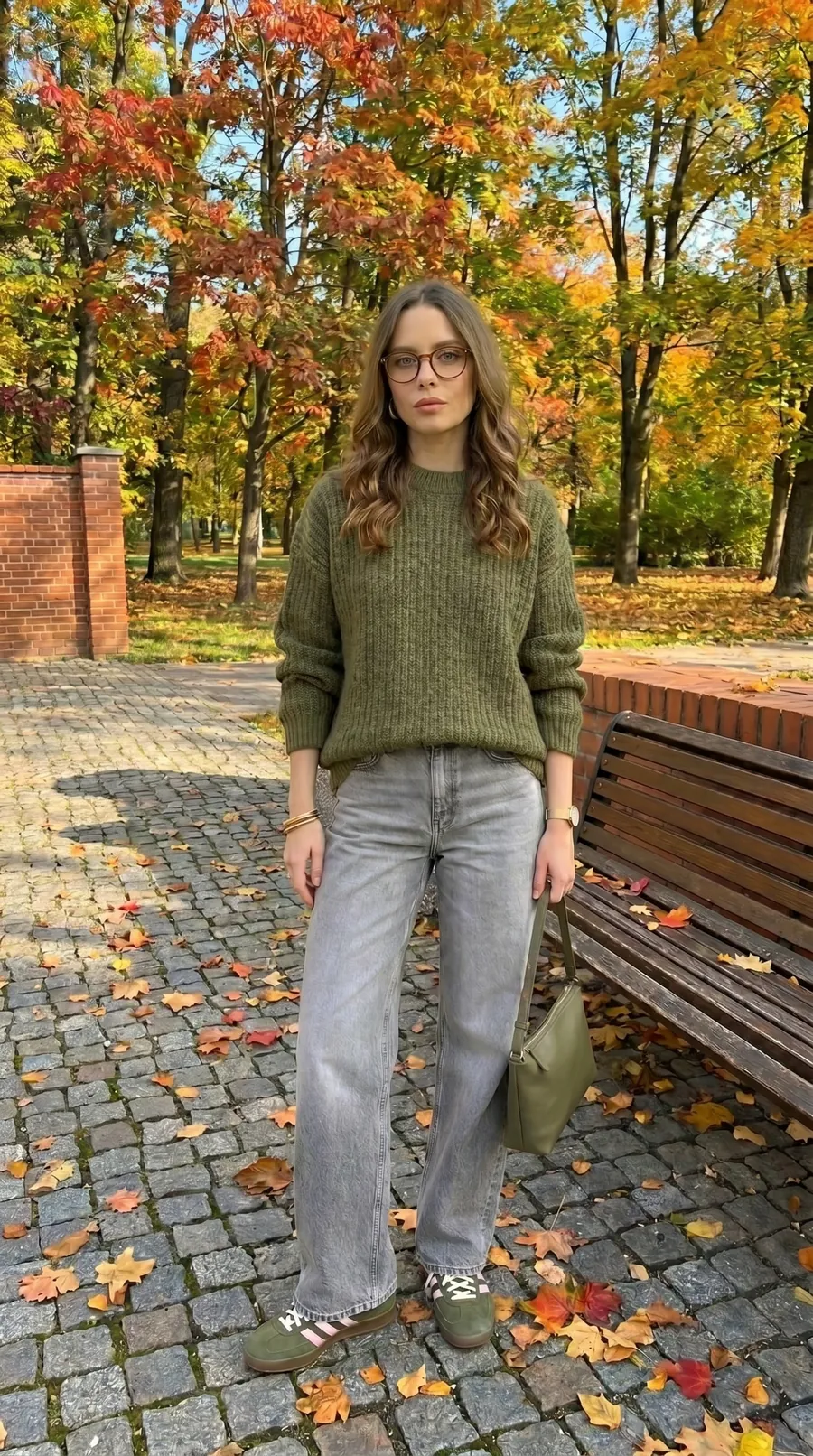 Before: a woman in a green knit sweater and grey jeans in an autumn park
