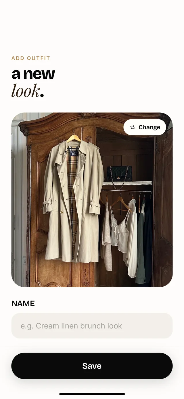 Style AA add outfit screen: a trench coat photographed in a wardrobe