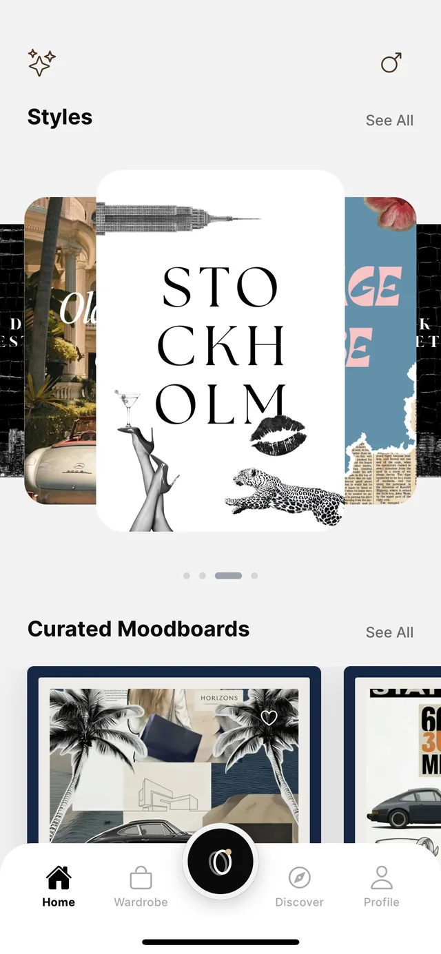 Style AA home screen showing the Stockholm style world card