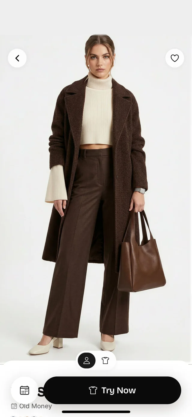 Style AA look screen: a brown coat outfit with a Try Now button